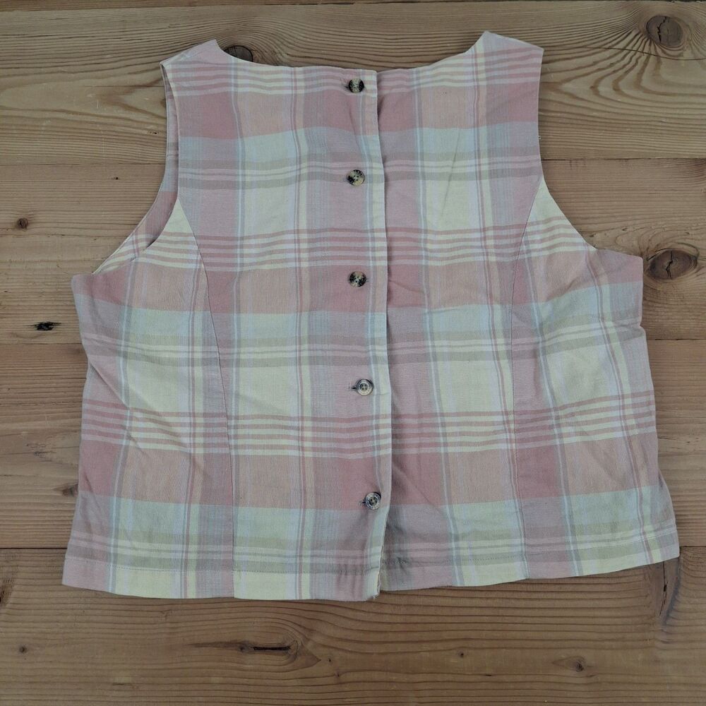 Pink Plaid Minnie Mouse Sleeveless Top Button Up Womens M Disney